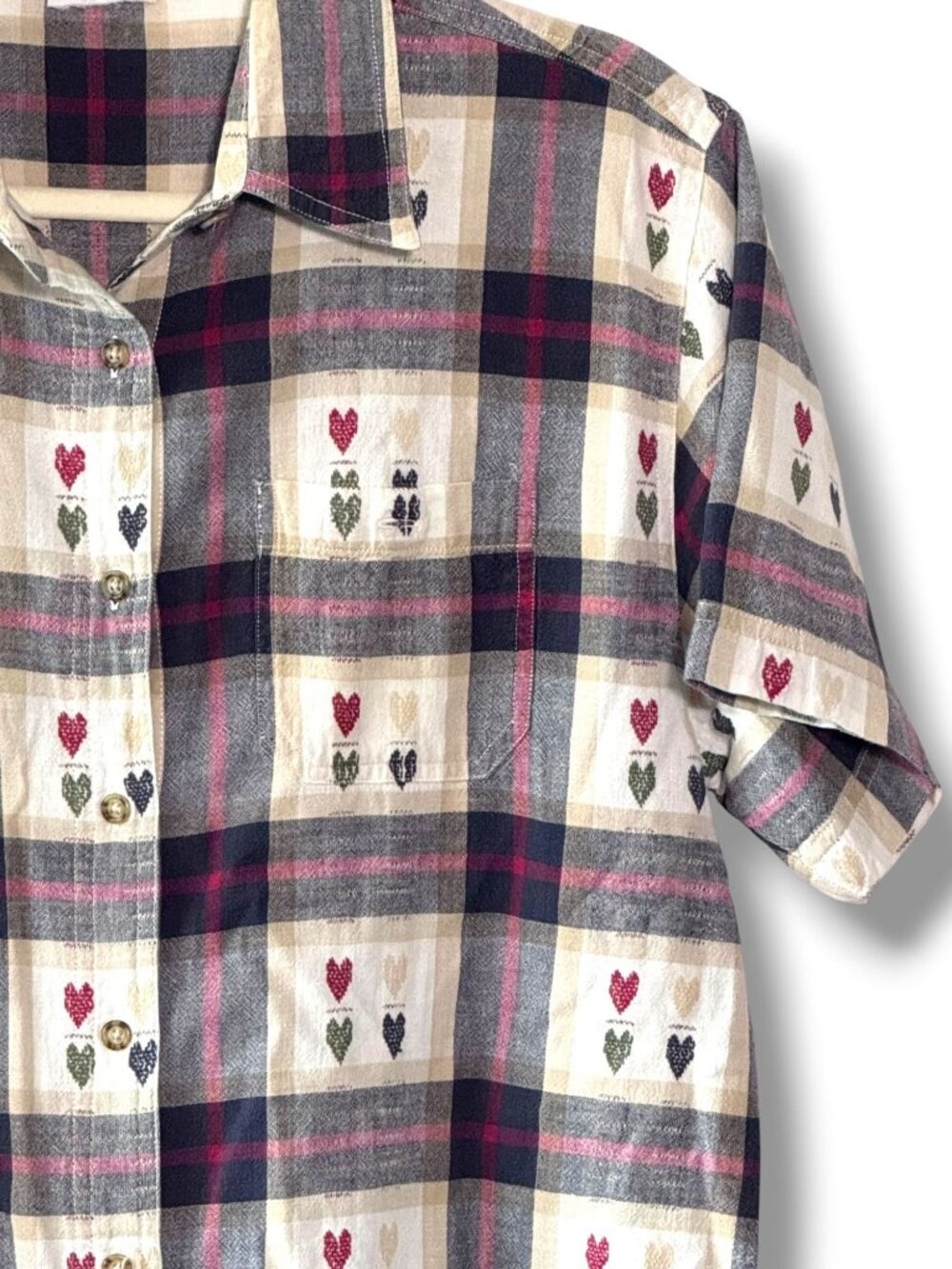 Vintage 80s Plaid Woven Hearts Cotton Short Sleeve Shirt Button Front - M - Picture 5 of 14